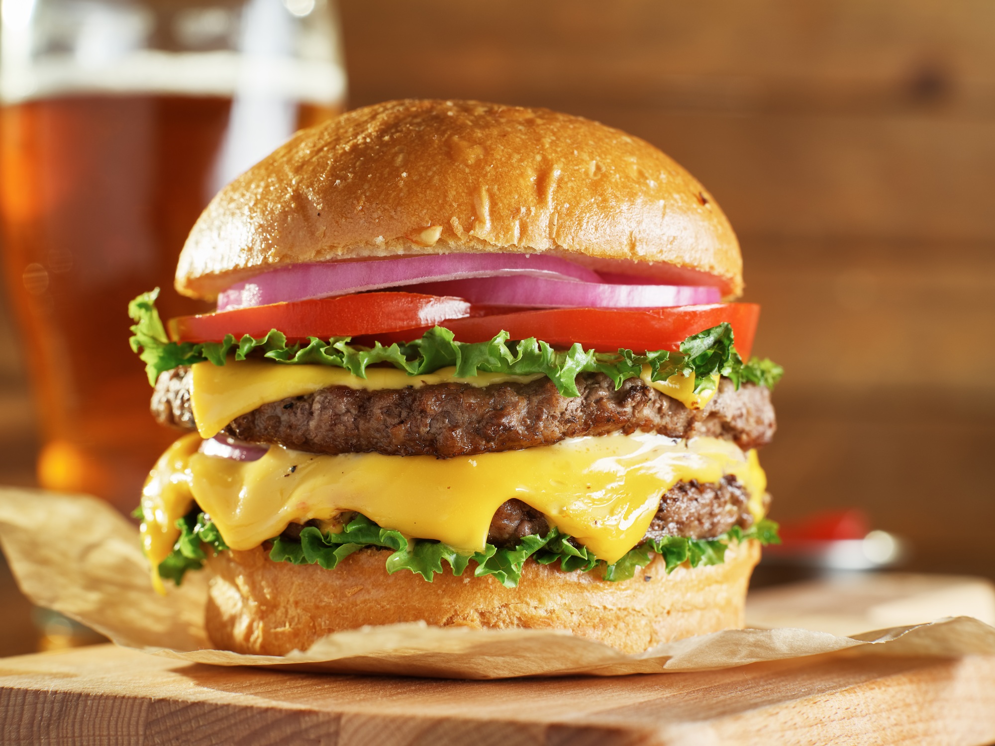 double cheese burger with beer
